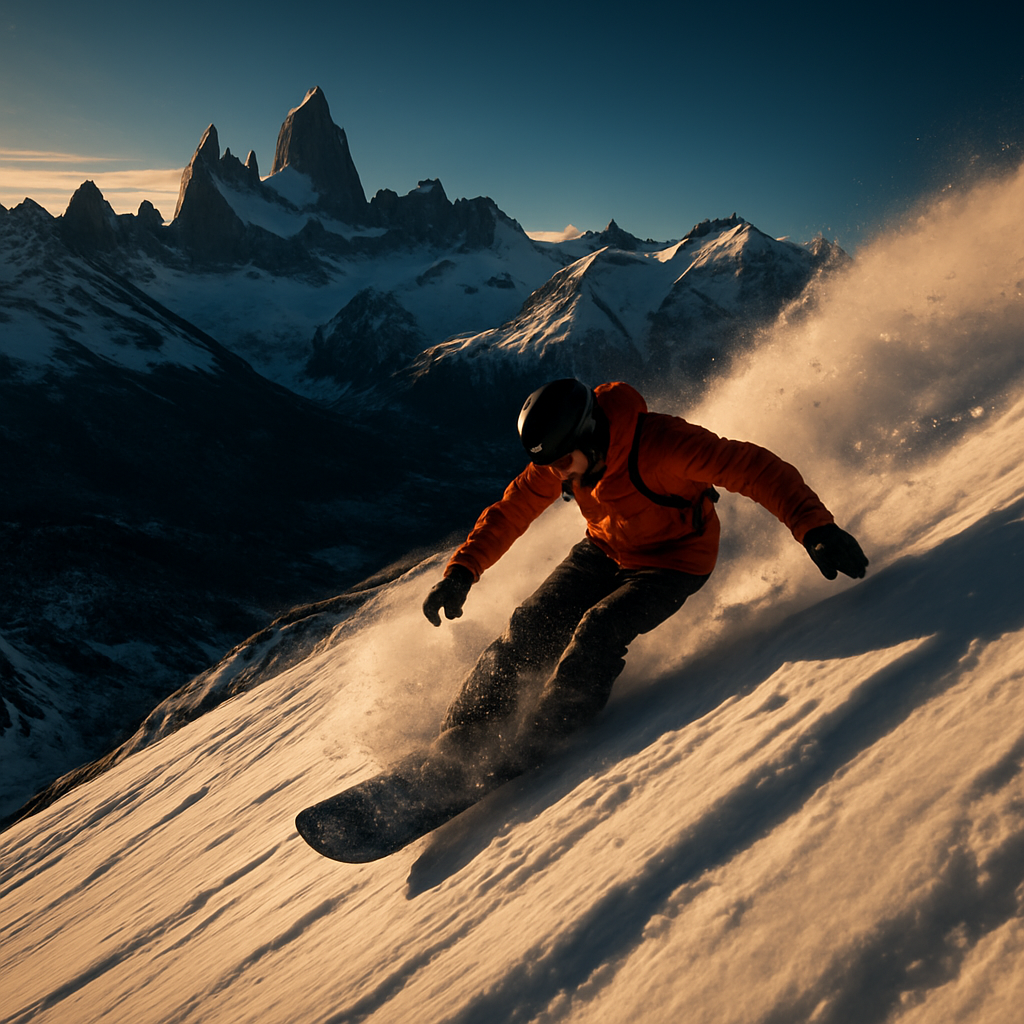 Snowboarder descendiendo las montañas argentinas